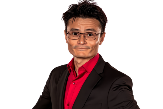 Asian businessman posing in red shirt and suit jacket, cut out transparent