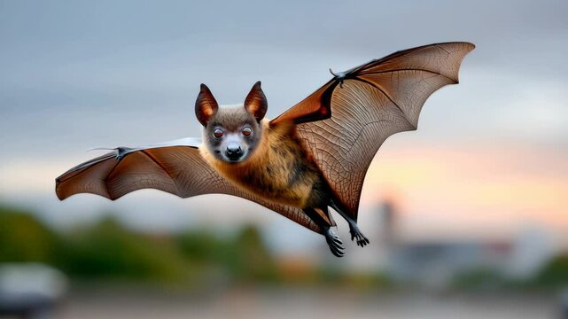 Bat is flying in the air with its wings spread wide. The bat is brown and has a black face. The image has a mood of freedom and adventure