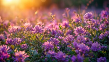 a vibrant field of purple clover blooms basks in the warm glow of a setting sun, creating a dreamy and idyllic landscape.