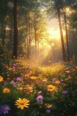 Obraz premium Sunlight filtering through tall trees illuminates a vibrant forest floor filled with colorful wildflowers and gentle warmth, evoking peace and natural beauty