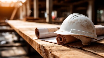 An architectural blueprint and a helmet are positioned on a table at a construction site