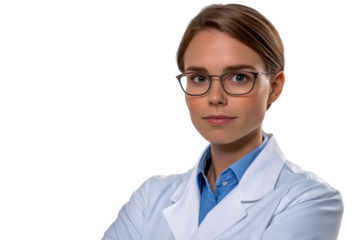 Female healthcare professional in lab coat portrait, cut out transparent