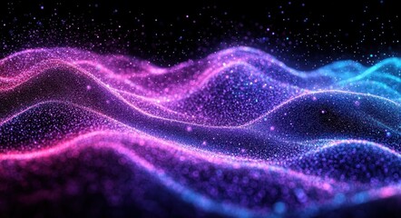 Colorful flowing waves of glowing particles in purple, pink, and blue hues on a black background creating a cosmic and ethereal effect