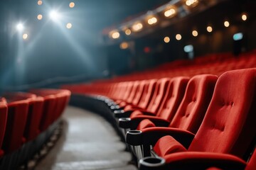 Elegant red theater seats create a welcoming atmosphere in a dimly lit auditorium in the evening before a performance