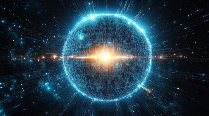 Obraz premium Glowing blue digital sphere composed of binary code with radiant orange light burst at its center against a dark cosmic background filled with small blue lights
