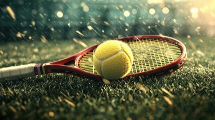 A yellow tennis ball and red racket lie on a grassy surface.