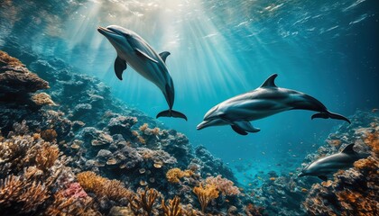a vibrant underwater scene showcases three playful dolphins swimming amidst a colorful coral reef bathed in radiant sunlight.