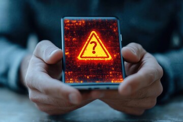 Person holding smartphone displaying a glowing red warning sign with a question mark inside a triangle indicating an alert or error