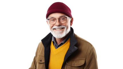 Smiling Senior Man with Beard and Glasses, Isolated, Cut Out Transparent