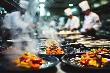 Culinary team preparing gourmet dishes