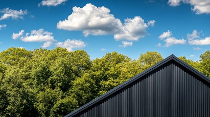 The outdoor view of a modern house reveals a corrugated metal roof installation