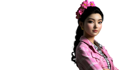 Asian woman with floral crown, pink plaid shirt, cut out transparent