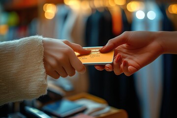 Two hands exchanging a credit card indoors with blurred clothing and warm lights in the background conveying a shopping or payment interaction