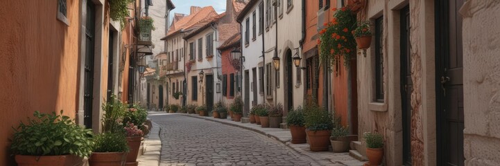 Naklejka premium Narrow cobbled street, overflowing window boxes, terracotta roofs , terracotta, scenic, village
