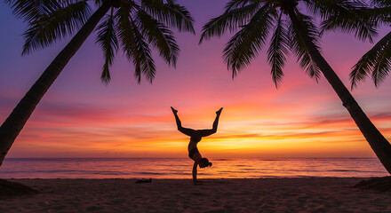 Silhouette yoga at sunset tropical beach paradise vibrant colors peace mindfulness