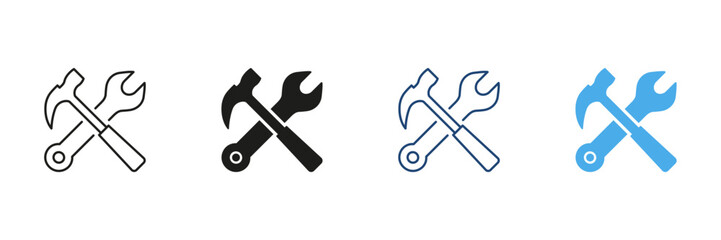 Crossed Hammer And Wrench Icon Set. Construction, Repair, And Maintenance Tools Outline And Silhouette Symbol Collection. Diy And Handyman Services. Isolated Vector Illustration
