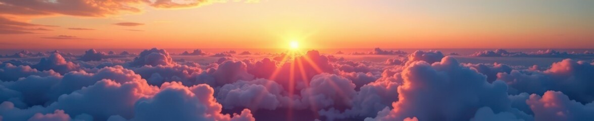 Fototapeta premium Sunset above fluffy clouds, clear sky, ample space , breathtaking, scenery