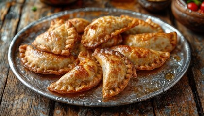 a close-up of golden-brown empanadas arranged on a vintage silver plate atop a rustic wooden table.