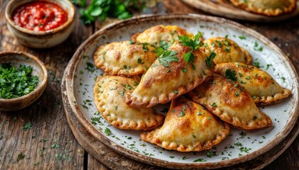 a close-up of golden-brown empanadas garnished with fresh parsley served on a rustic wooden plate alongside dipping sauces and chopped herbs.