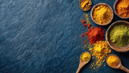 a vibrant array of colorful spice powders and wooden spoons arranged on a dark blue textured surface creates a rich culinary backdrop.