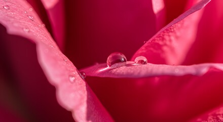 Close-up Macro Photography of Dew Drops on a Vibrant Pink Rose Petal, Nature's Delicate Beauty Captured in Stunning Detail