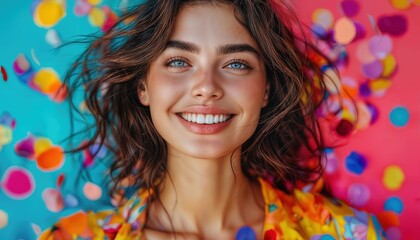 a radiant young woman with curly brown hair and bright blue eyes smiles directly at the camera against a vibrant, colorful confetti background.