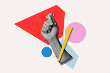 Modern art collage in retro style,, hand holding a stack of money. Financial development and income increase.	
