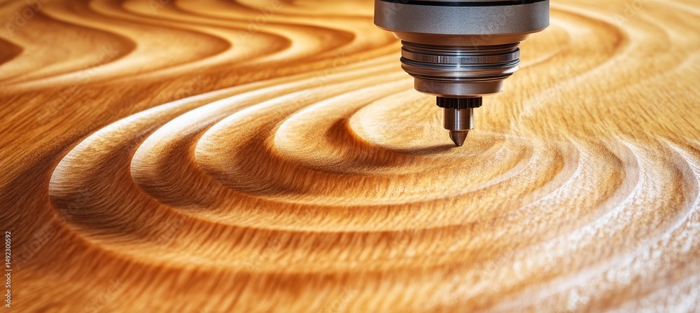 Poster cnc router carving intricate patterns in oak wood shallow depth of field highlighting texture