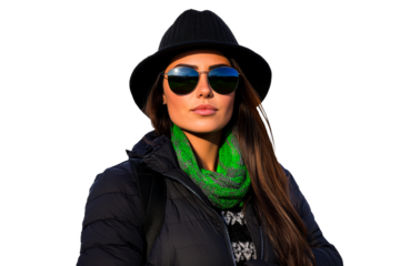 Woman in hat and sunglasses, green scarf isolated, cut out transparent