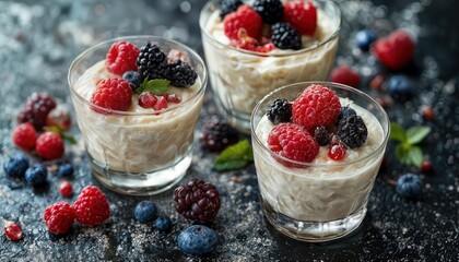 a close-up shot of creamy rice pudding served in clear glass dishes and topped with fresh raspberries, blackberries, and blueberries on a dark stone surface.