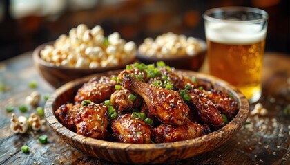a close-up of glazed chicken wings with sesame seeds and chopped green onions served in a wooden bowl alongside bowls of popcorn and a glass of beer on a rustic wooden table.