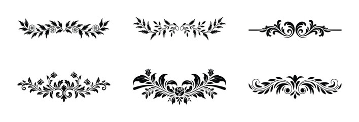 Six elegant black floral design elements for invitations