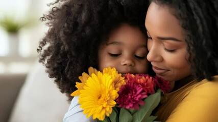 Happy mother's day celebration, a smiling african american mother is embracing her cute daughter who is holding a bouquet of colorful flowers