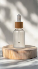 an empty serum bottle on a round podium