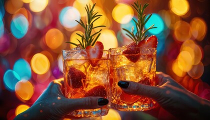 a vibrant and celebratory toast with strawberry rosemary cocktails against a bokeh light background.