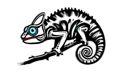  Chameleon on a branch, pencil drawing, tail curled around the branch, bulging eyes and characteristic head shape. Exotic Animals. Concept of environmental protection, on banner, calendar