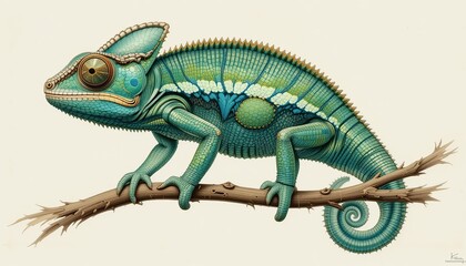 Fototapeta premium Multicoloured chameleon on a branch, bright colours, bent tail. Exotic animals. Concept of environmental protection, on banner, calendar