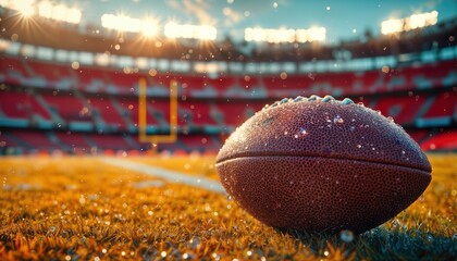 a close-up of a football resting on a grassy field with a blurred stadium and glowing lights in the background.