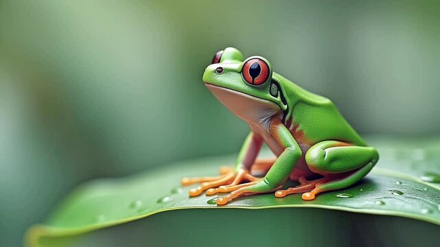 Frog Sitting on Wet Leaf. Suitable for marketing or business purposes