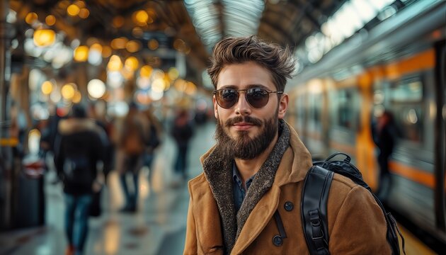 a stylish young man with a beard and sunglasses poses confidently in a bustling train station with blurred commuters and a passing train in the background. - Powered by Adobe