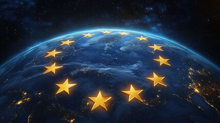 Fototapeta premium View of Earth from space at night with illuminated continents and a circle of glowing golden stars floating above the surface, symbolizing unity and hope under a dark starry sky