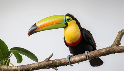 Naklejka premium A brightly coloured straight beaked toucan sits on a tropical branch against a background of pure white. A clear profile shot showing a huge iridescent beak with orange, green and yellow hues