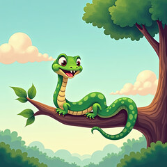 Fototapeta premium Flat 2D cartoon art of a smiling snake on a tree branch, with pastel cloudy sky background and vibrant color palette for whimsical animal cover 