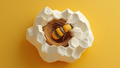 Bee nesting in vibrant yellow environment nature photography close-up perspective creative composition