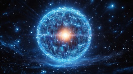 Obraz premium Glowing digital sphere surrounded by blue light particles in a dark space environment emitting futuristic and technological energy