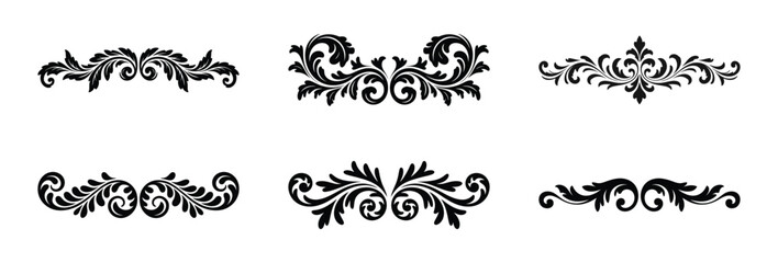 Six elegant black floral swirls design elements