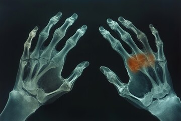 The x-ray film of both hands in the AP position shows a fracture of the proximal phalange shaft in the ring finger