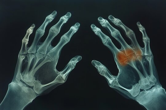 The x-ray film of both hands in the AP position shows a fracture of the proximal phalange shaft in the ring finger