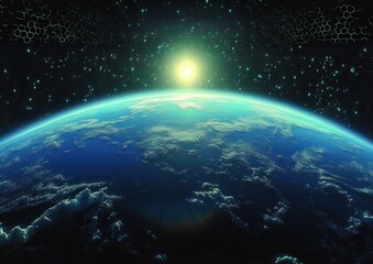 View of Earth from space with illuminated cloud patterns and a glowing sun on the horizon under a starry sky with hexagonal grid elements