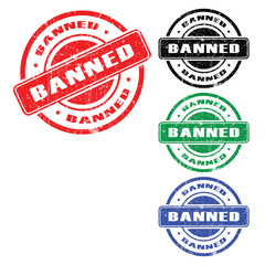 Banned Grunge Stamp Badge in Red, Black, Green, and Blue Isolated on Transparent Background